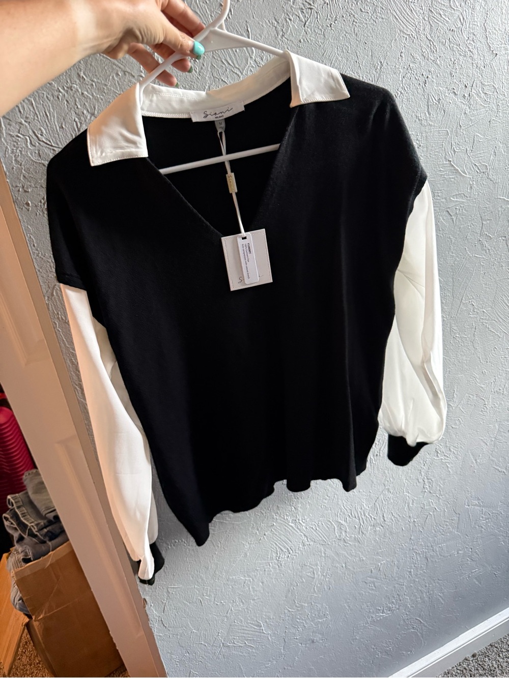 Black Knit Top with White Collar & Sleeves